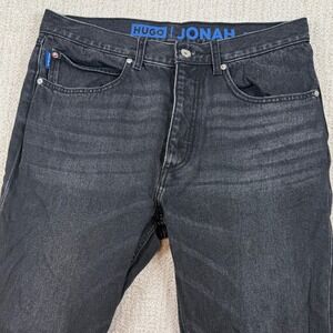 HUGO Mens 34x32 Black Jonah Button Fly Straight Leg Denim Jeans